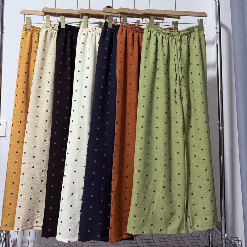 Printed Casual Polka Dot Pants for Women, Summer Thin Linen Pants, High-Waisted Loose Slimming Elastic Waist Ice Silk Wide-Leg Pants Printed Casual Polka Dot Pants for Women, Summer Thin Linen Pants, High-Waisted Loose Slimming Elastic Waist Ice Silk Wide-Leg Pants