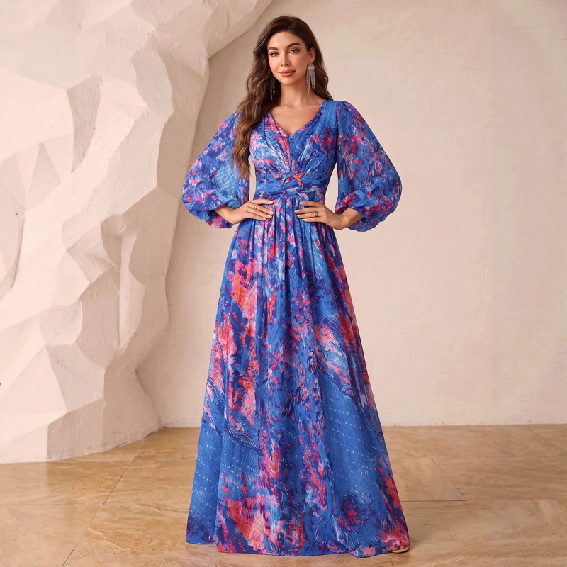 V-Neck Chiffon Lantern Long-Sleeve Dress with Pleated Decoration at the Chest and Waist, Elegant and Graceful, with a Large Hem, Cross-Border V-Neck Chiffon Lantern Long-Sleeve Dress with Pleated Decoration at the Chest and Waist, Elegant and Graceful, with a Large Hem, Cross-Border