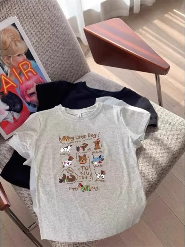ネイビーブルーの純綿半袖Tシャツ女性用2025インターネットセレブ人気アメリカンプリントトップス右肩ラウンドネックホットガールシャツ|undefined