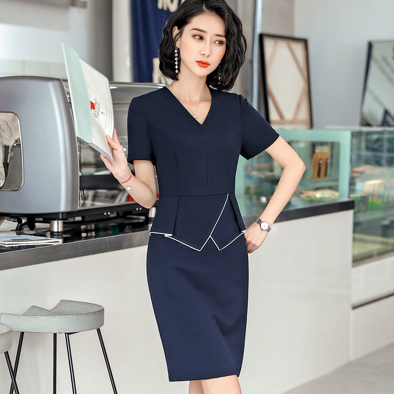 七谷娘专柜夏季职业装短袖连衣裙时尚前台美容师工作服珠宝店工装