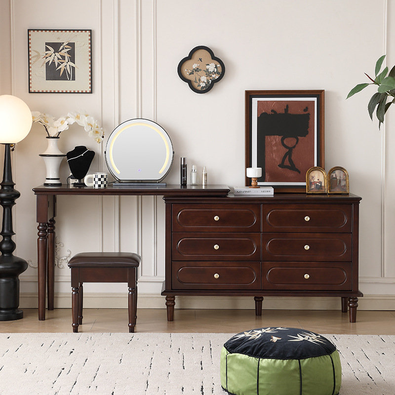 American Retro Solid Wood Retractable Dressing Table and Cupboard Combination, Mid-Century Style Light Luxury and High-End Master Bedroom Dressing Table