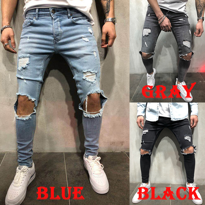 Jeans Ajustados Con Roturas para Hombre de Mezclilla con Elastano, Ligeramente Elástico