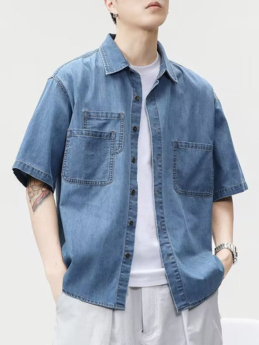 Japanese Retro Workwear Short-Sleeve Shirt for Men with a Cool and Stylish Vibe, Spring and Summer Five-Sleeve Stylish Denim Shirt, Loose Short-Sleeve Blouse