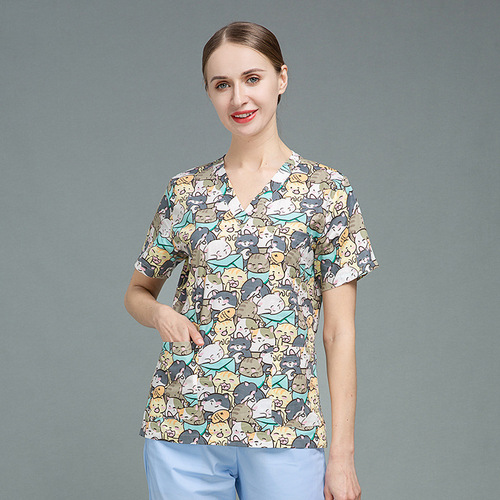 Printed surgical gown short-sleeved split suit doctor's scrub suit summer thin cotton surgical operating room overalls