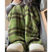 毛呢格子裤女装春秋2025新款裤子女显瘦慵懒直筒裤日系宽松阔腿裤