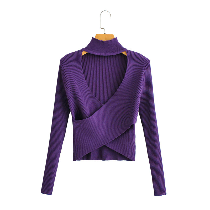 Stand-Up Collar Hollow V Neck Long Sleeve Cross Solid Color Knitted Sweater NSAM114814