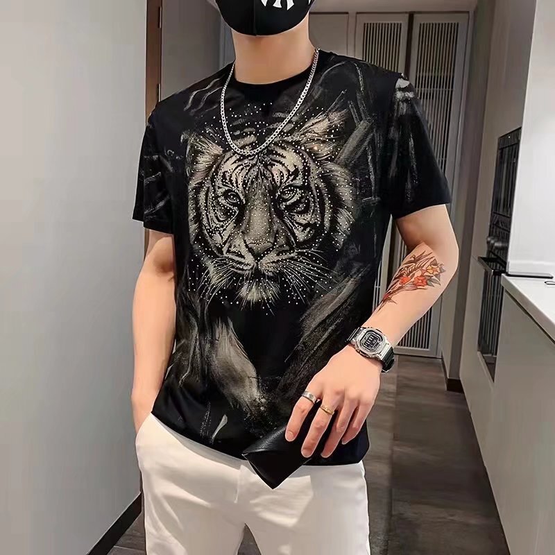 European station men's rhinestone short-sleeved T-shirt summer fashion brand Tiger printed mercerized cotton T-shirt men's fashion top European station men's rhinestone short-sleeved T-shirt summer fashion brand Tiger printed mercerized cotton T-shirt men's fashion top