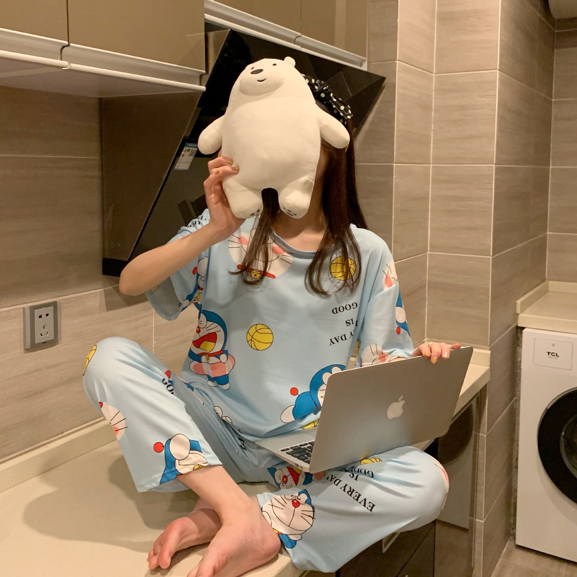 Pijamas primavera y otoño de las mujeres de verano Pantalones de manga corta más el tamaño flojo estilo coreano fresco lindo estudiante dulce traje de desgaste para el hogar