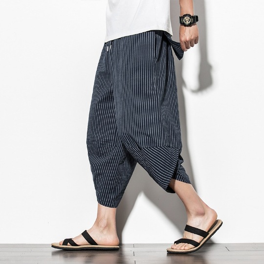 2023 Carrot Pants Men's Harlan Cropped Pants Summer New Men's Loose Large Size Striped Japanese Wide Leg Bloomers