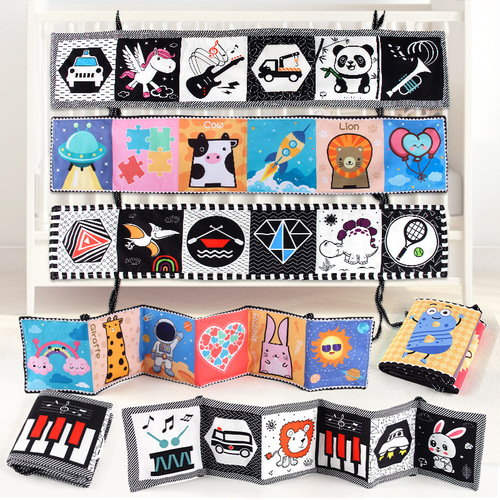 Amazon 12-page double-sided black and white bedside cloth book with ringing paper tape BB called unbreakable baby cloth book educational toy