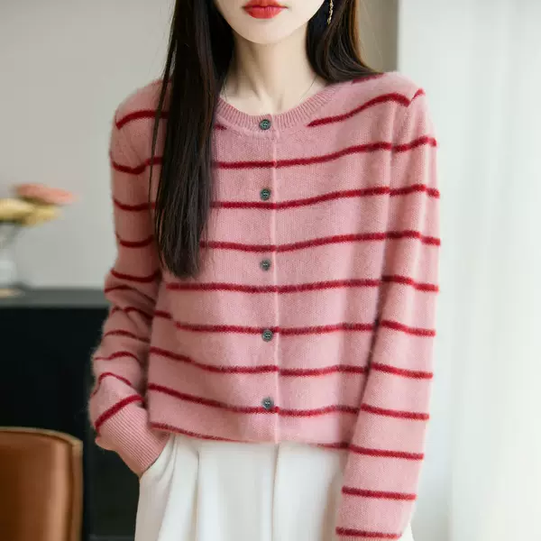 2026 New 100% Pure Wool Cardigan for Women, Round Neck Striped Knit Sweater, Loose Fit Slimming Wool Coat