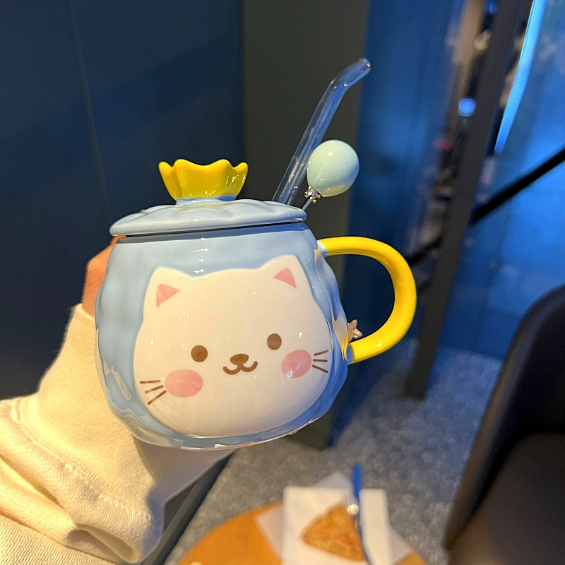 Очень милая керамическая чашка с котом — мультяшный стакан для кофе и воды для парней и девушек, кружка для молока с крышкой и ложкой