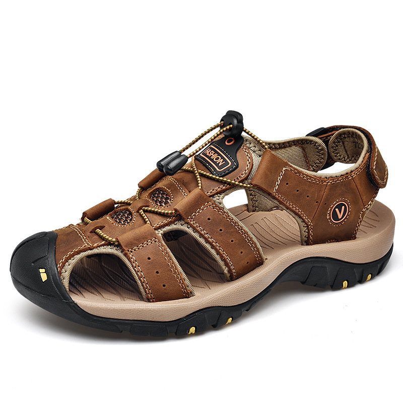 Sandalias de verano para hombres de talla grande zapatos de playa al aire libre Velcro sandalias de Punta cerrada cuero genuino capa superior cuero transpirable zapatos Casuales
