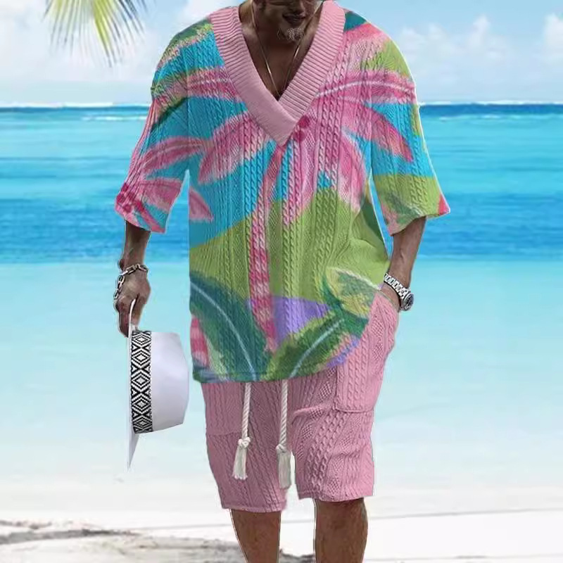 국경 간 아마존 비치 루즈 프린트 대형 V 넥 어깨 남성 니트 반팔 반바지 세트 코코넛 패턴