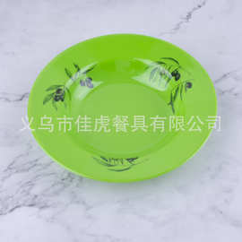 外贸9寸盘子圆形深盘平盘密胺餐盘美耐皿餐具彩色印花盘子深盘