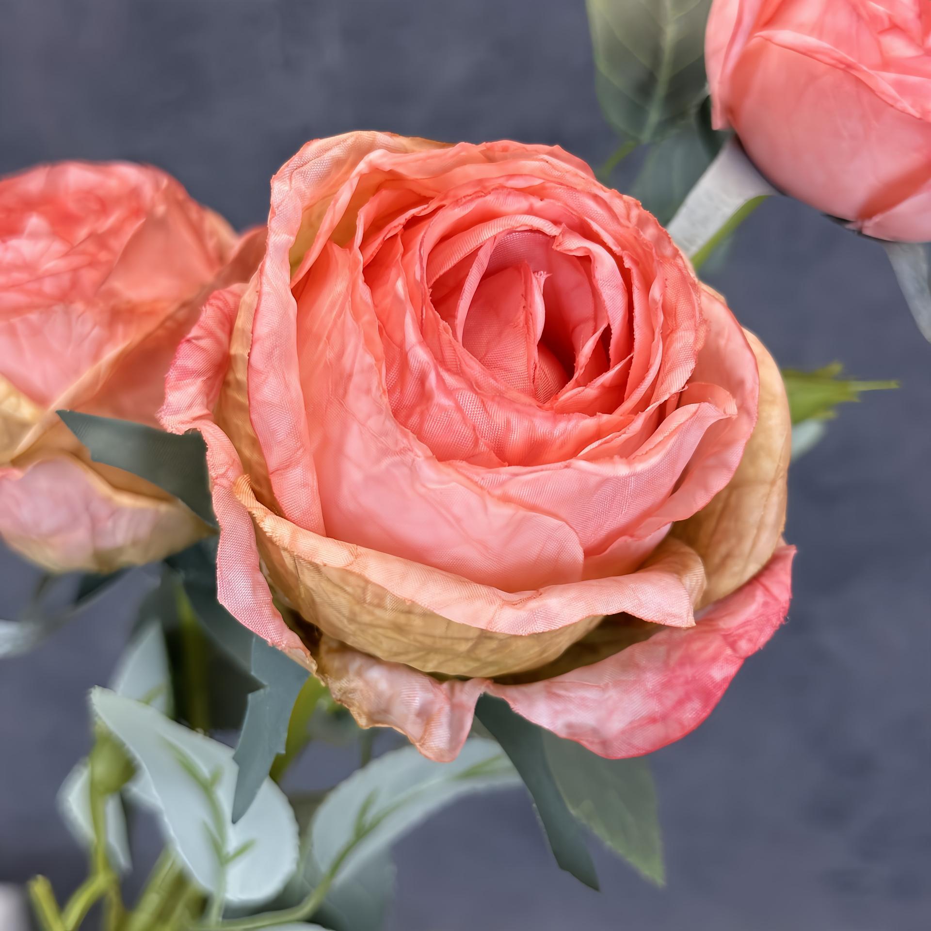 Nuevo 3 cabezas de pintura al óleo asado borde rosa simulación flor boda decoración del hogar decoración de flores falsas transfronterizas al por mayor