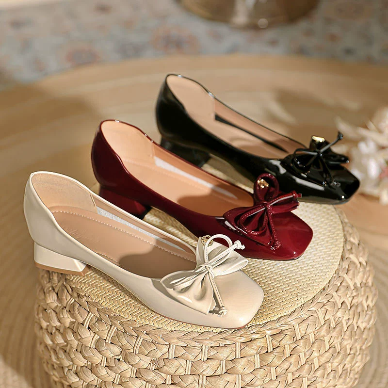 Женские туфли на низком каблуке 2025: Новая модная женская обувь, красные свадебные туфли с бантом, французский квадратный носок, массивный каблук, высокие каблуки
