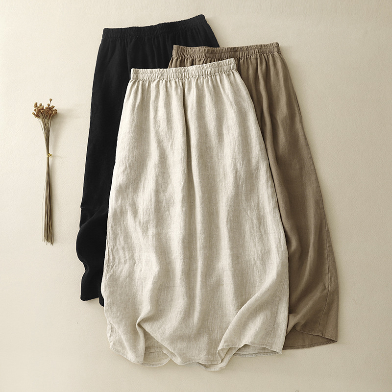 2025 Japanese Summer New Style Pure Linen Seiko Skirt Stretch Waist Mid-length A- line Retro Simple Half Skirt