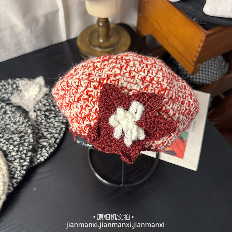 氛围感手工韩系花朵针织贝雷帽女秋冬新款百搭减龄甜美可爱蓓蕾帽|undefined