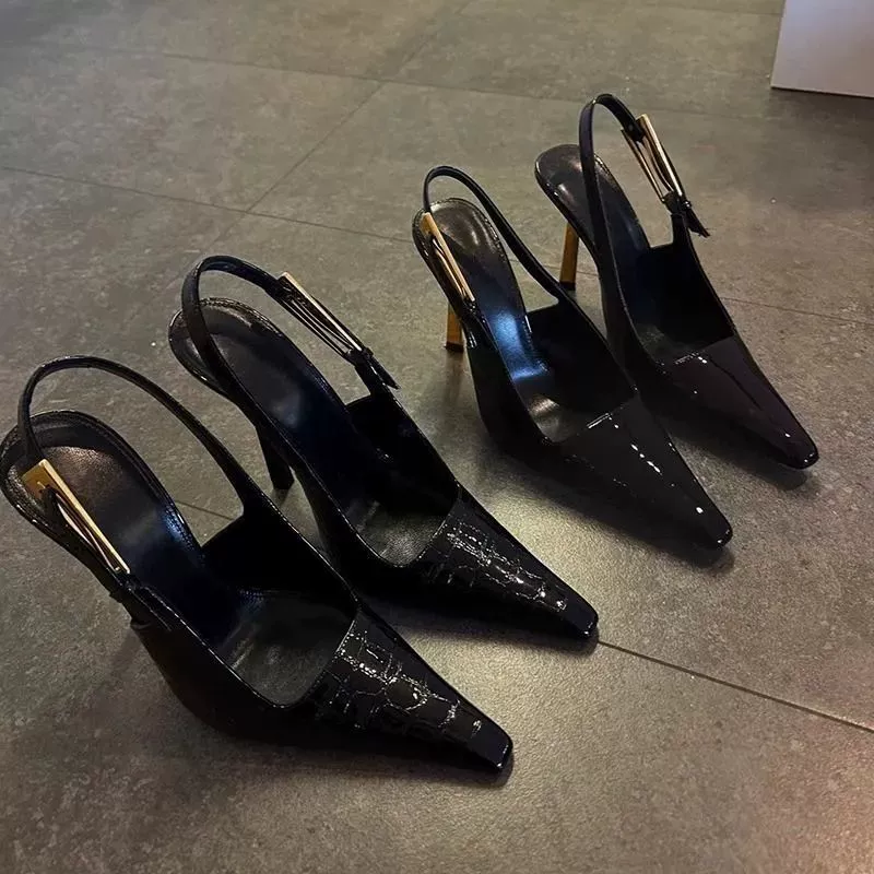 Черные туфли на высоком каблуке с острым носком и stilettos, стиль новинки весна 2024 года, элитные, сексуальные кожаные туфли с патентом, женские сабо с носком