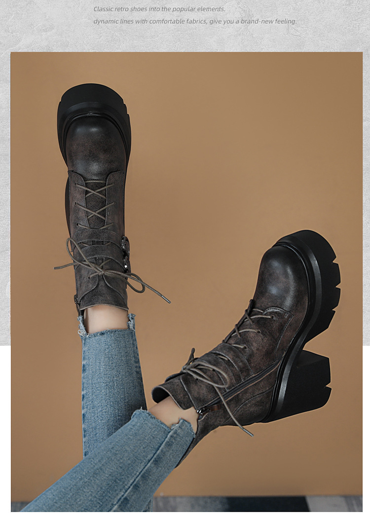 Boot nữ cổ thấp da thật phong cách Anh quốc, gót vuông 12 cm, khóa dây kéo — Lót nhung đen chi tiết 2