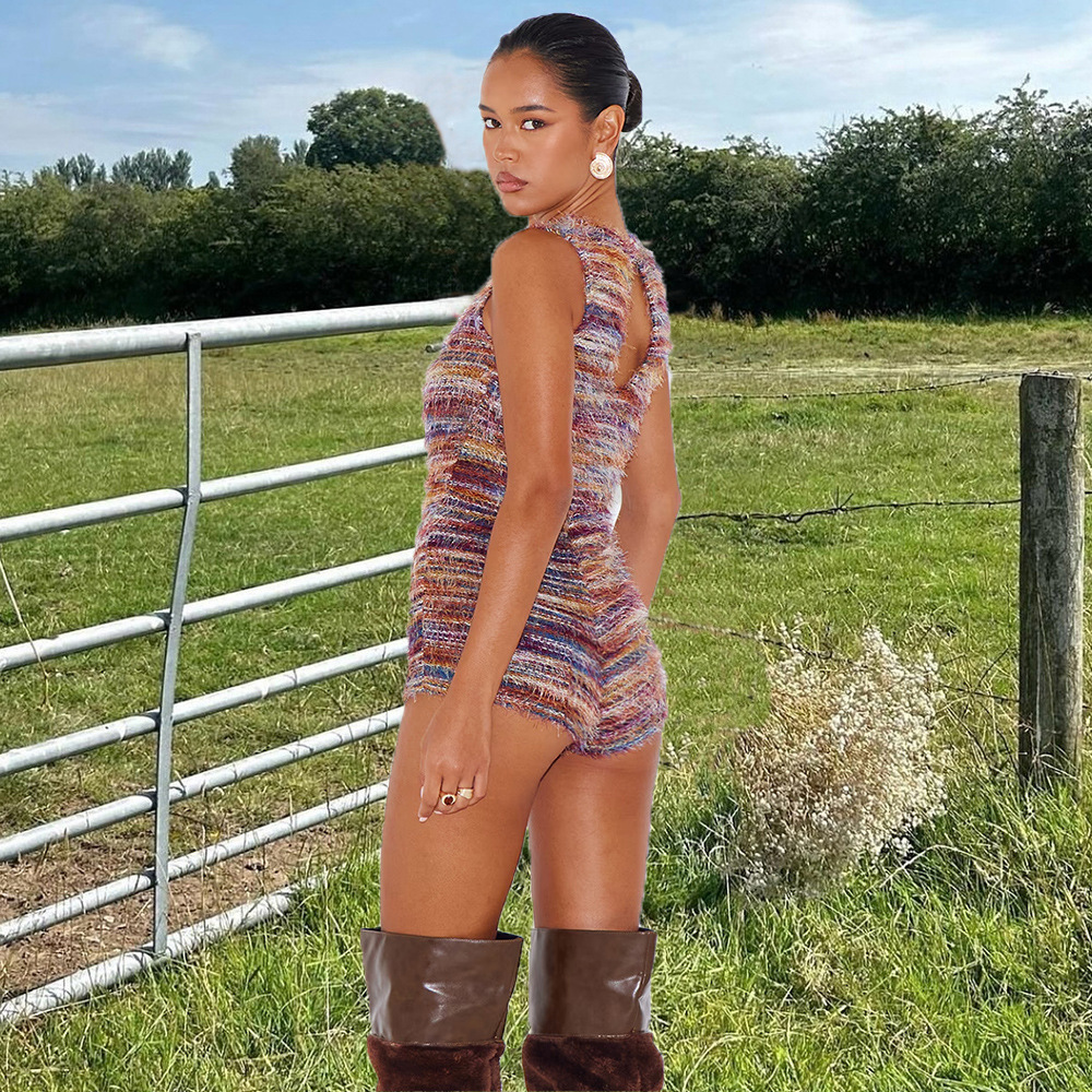 Women Clothing Sleeveless Tight Sexy Color Block Hollow Out Cutout Yarn Dyed Fluff Jumpsuit 7 Women Clothing Sleeveless Tight Sexy Color Block Hollow Out Cutout Yarn Dyed Fluff Jumpsuit