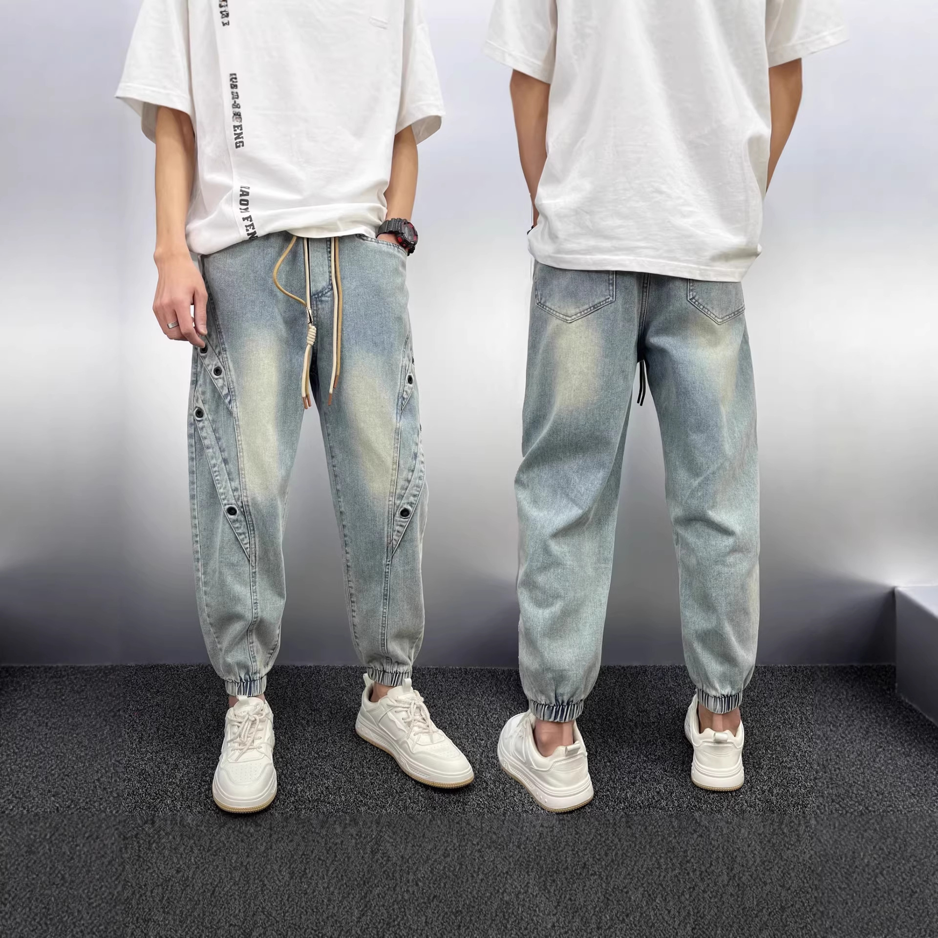 Men's Light Blue Distressed Denim Jeans - Trendy Patchwork Slim Fit Jogger Pants With Adjustable Cuffs, Loose Hip Hop Style_voghion.com