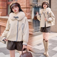韩版鹅绒羽绒服女2025冬装新款短款牛仔拼接狐狸毛白鹅绒羽绒外套