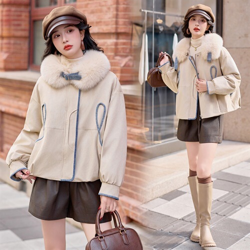 Korean Style Goose down Jacket for Women 2025 Winter New Short Denim Splicing Fox Fur White Goose down Jacket