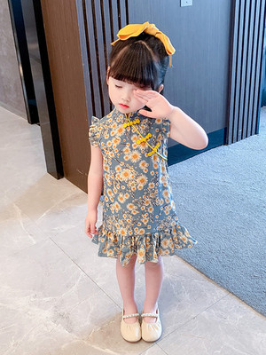 女童旗袍夏装2021新款童装女孩中国风连衣裙洋气唐装碎花裙代发|ru