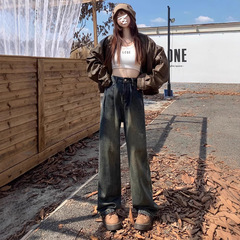 セメントグレーのワイドレッグジーンズ レディース 秋 2025 新作 ハイウエスト プリーツ入り ストレート フロア丈 メイラードパンツ アーティスティック