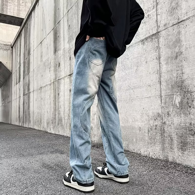 Curved Stitching Men's Jeans Youth High Street Design Versatile Loose Straight Casual Trousers Dropshipping