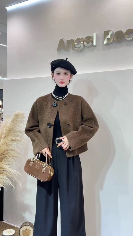 ハイエンド2024秋冬新作両面カシミヤコート女性ファッションショートコート超細いウールラシャコート|undefined