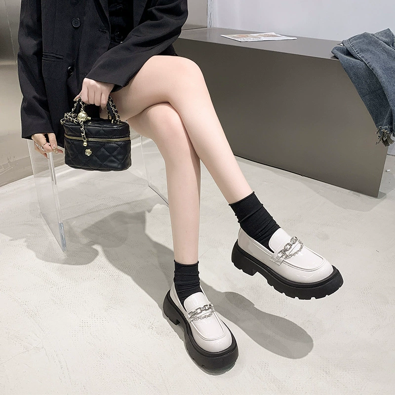 Французская обувь Lefu на толстой подошве женская 2024 новая педаль ретро маленькая кожаная обувь в английском стиле туфли на толстом каблуке оптом