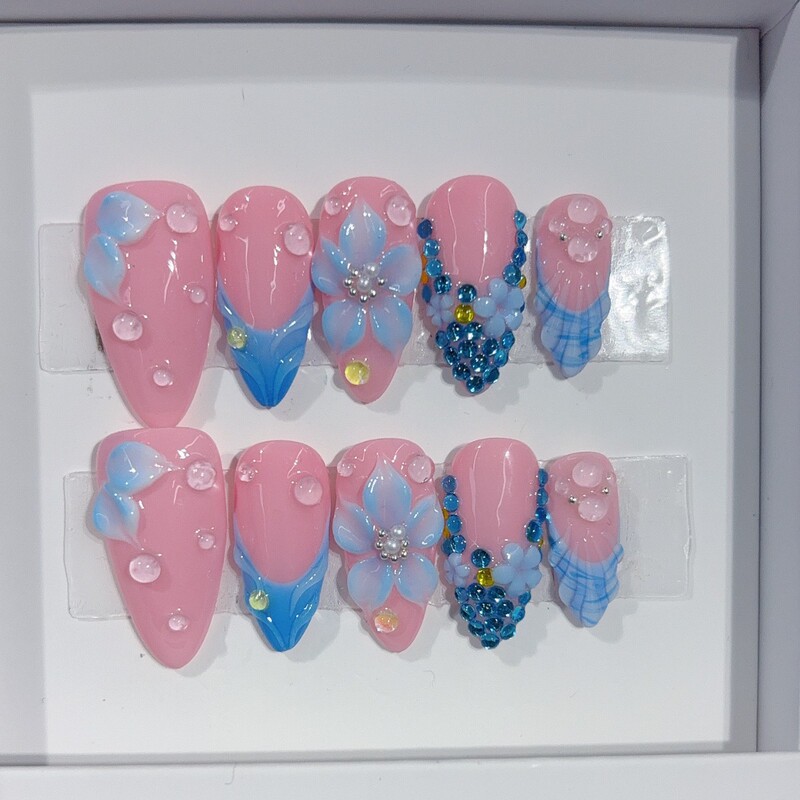 Cross-border handmade pink and blue contrasting color embossed rhinestone water drop pearl three-dimensional blue flower almond-shaped ocean style finished nail art Cross-border handmade pink and blue contrasting color embossed rhinestone water drop pearl three-dimensional blue flower almond-shaped ocean style finished nail art