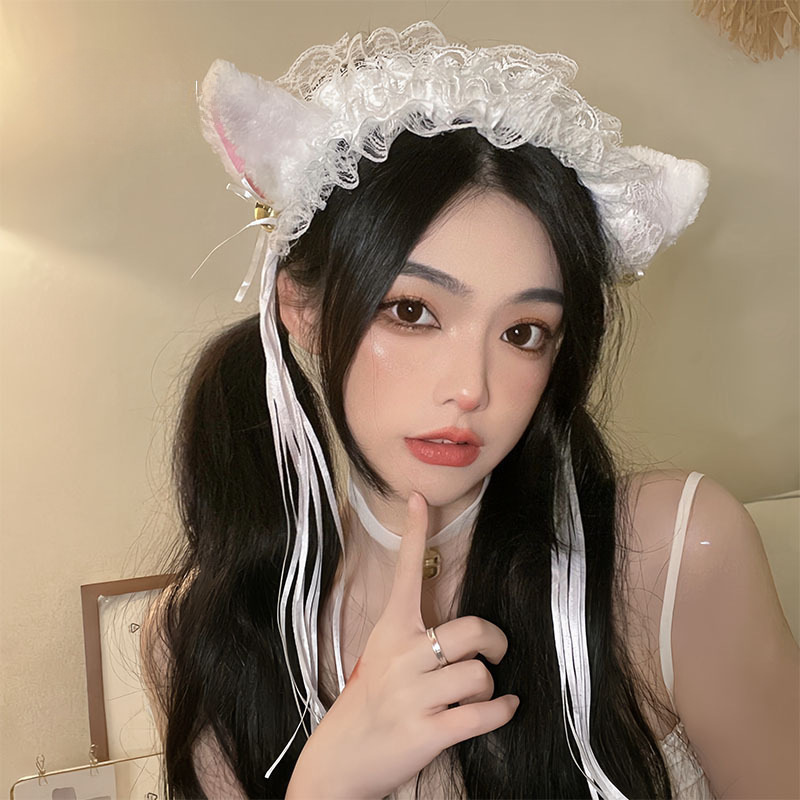 Cat Ear Headband + Tassel Bell Collar Set Lolita Bangs Headdress Cat Animal Ear Hairpin Headband for Women