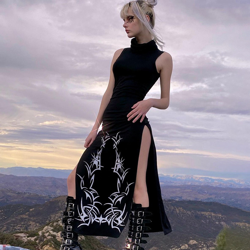 New European and American Sexy and Personalized Dark Style Sleeveless High Collar Tight Long High Slit Dress