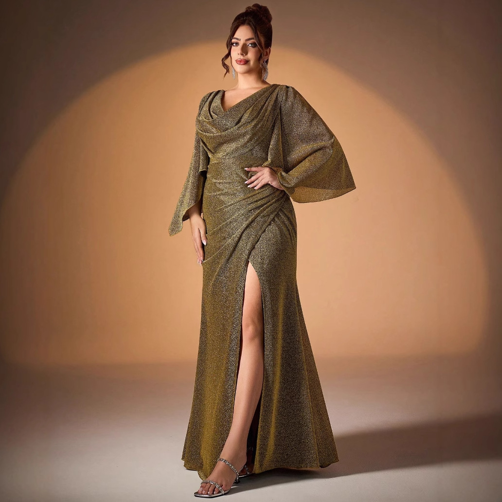 Aliexpress Cross-Border New Ball Evening Dress for Women European and American Large Size Slit Slim Dress Banquet Host Dress