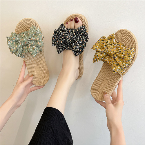Cross-border new summer slippers, women's outerwear flat fashion bow ins trendy beach flower sandals wholesale