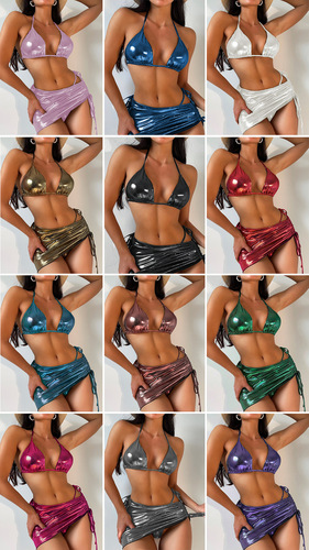 2024 European and American swimsuit three-piece set solid color gold foil shiny sexy lace-up bikini skirt bikini