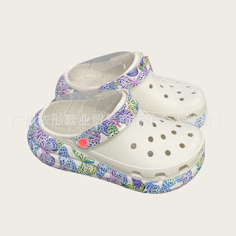 Transfer-Printed Perforated Clogs for Women, New Fashion Versatile Thick-Soled Beach Shoes, Outdoor Height-Increasing Sandals, Versatile Style