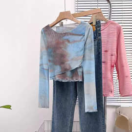 轻薄美式辣妹扎染秋网纱小心机上衣t恤女装修身性感防晒网红上衣