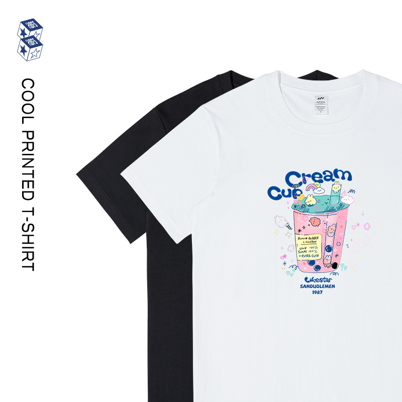Men's Summer 230g Pure Cotton Bunny Milk Tea Print T-Shirt Men's Fashionable Round Neck Loose Short-Sleeved Casual Top for Women Men's Summer 230g Pure Cotton Bunny Milk Tea Print T-Shirt Men's Fashionable Round Neck Loose Short-Sleeved Casual Top for Women