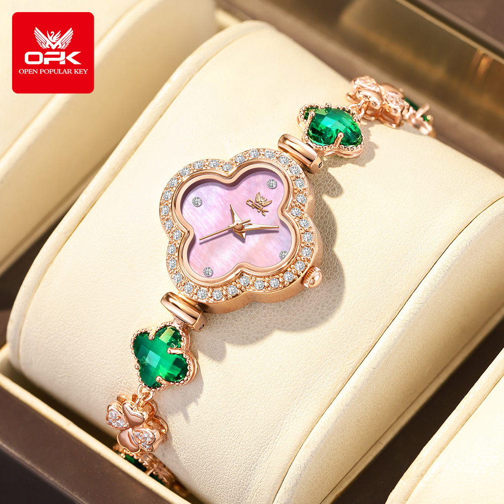 Opk Brand Watch High-Value Fashion Light Luxury Quartz Watch with Diamonds Waterproof Four-Leaf Clover Women's Watch