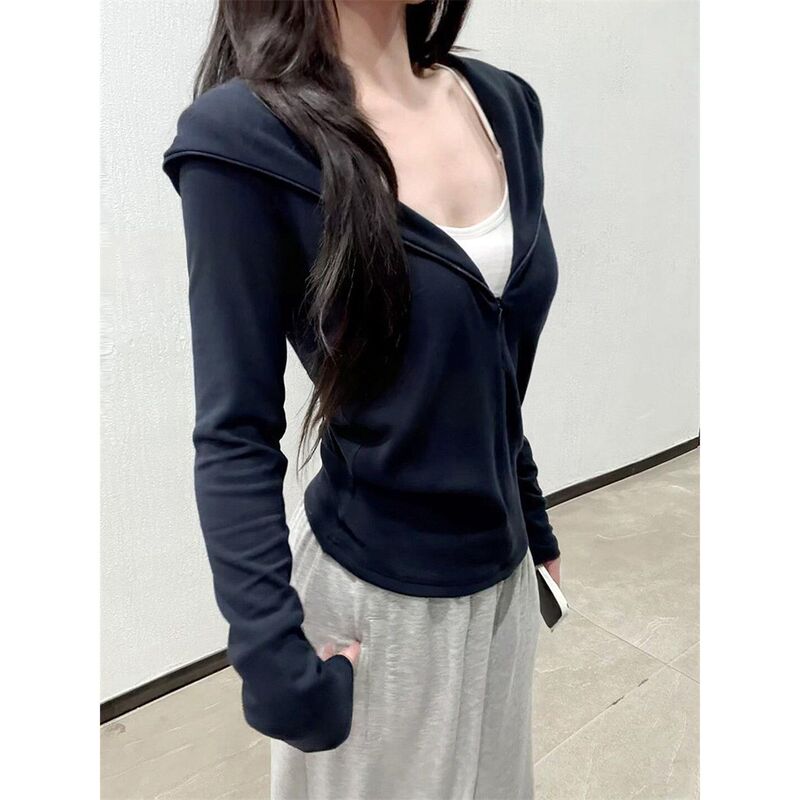 Autumn Korean Casual Navy Blue V-Neck Zipper Hooded Sweatshirt for Women, High-End, Simple, Waist Slimming Look Jacket, Trendy