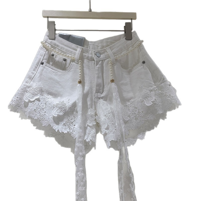 Pantalones Cortos de Mezclilla con Bordado y Encaje Incluye Cinturón para Mujer