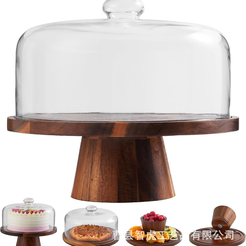 Cross-border acacia wood cake tray for parties and gatherings, dessert display tray for tabletop cake shops with glass cover Cross-border acacia wood cake tray for parties and gatherings, dessert display tray for tabletop cake shops with glass cover