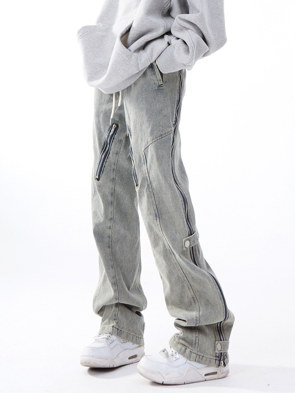 2023 new niche distressed washed side zipper micro flared jeans men's and women's New straight slimming trousers 2023 new niche distressed washed side zipper micro flared jeans men's and women's New straight slimming trousers