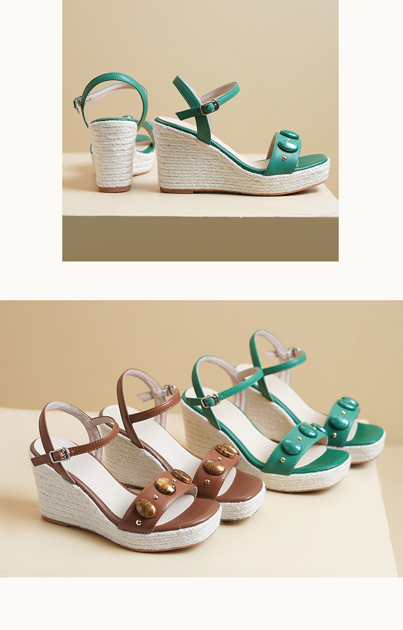 Sandal nữ đế xuồng cao gót phong cách Bohemian quai ngang đinh tán — màu nâu, xanh lá cây chi tiết 6