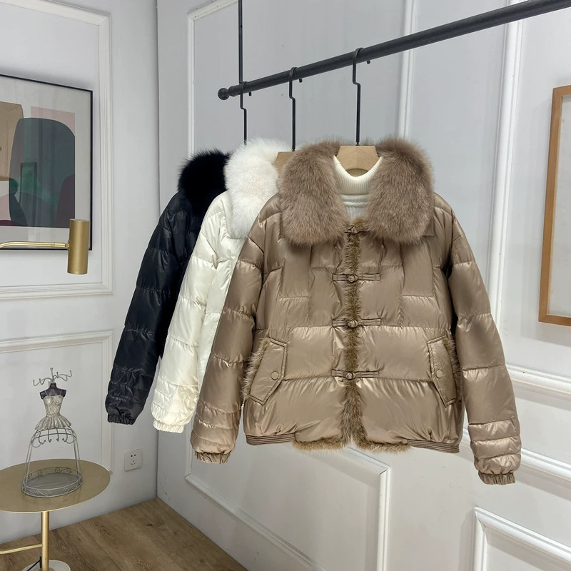 Retro down jacket, fur‑trimmed puffer, short fit, toggles, sizes M–XL